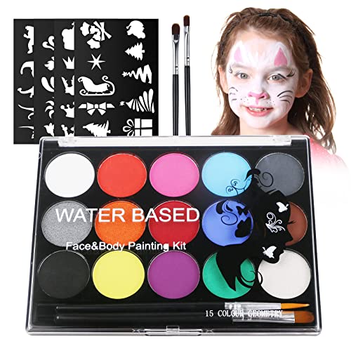 URAQT Face and Body Paint Kit - 15 Colors with Stencils & Brushes